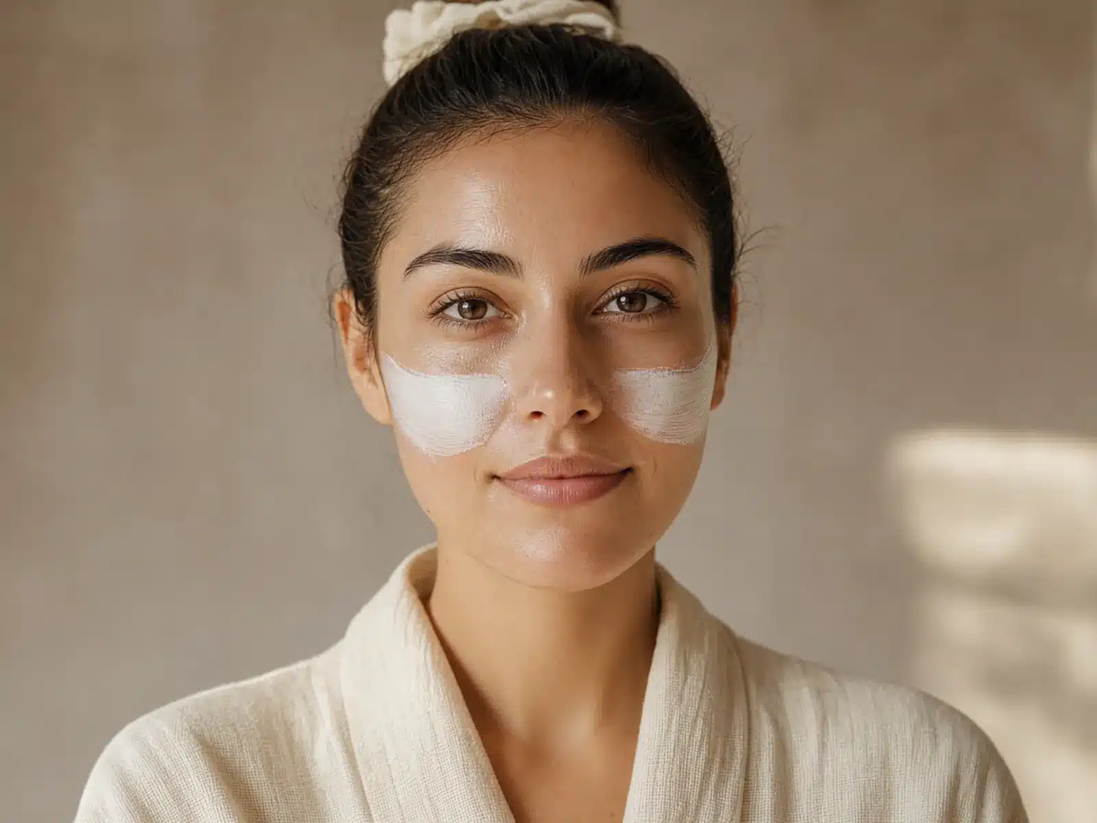 Masque apaisant après un peeling à Marseille : jeune femme aux joues couvertes d'une crème blanche, cheveux attachés