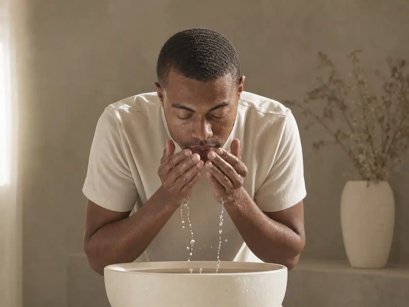 Rinçage du visage après un peeling à Saint-Denis : jeune homme se passant de l'eau sur le visage au-dessus d'une vasque en céramique ivoire