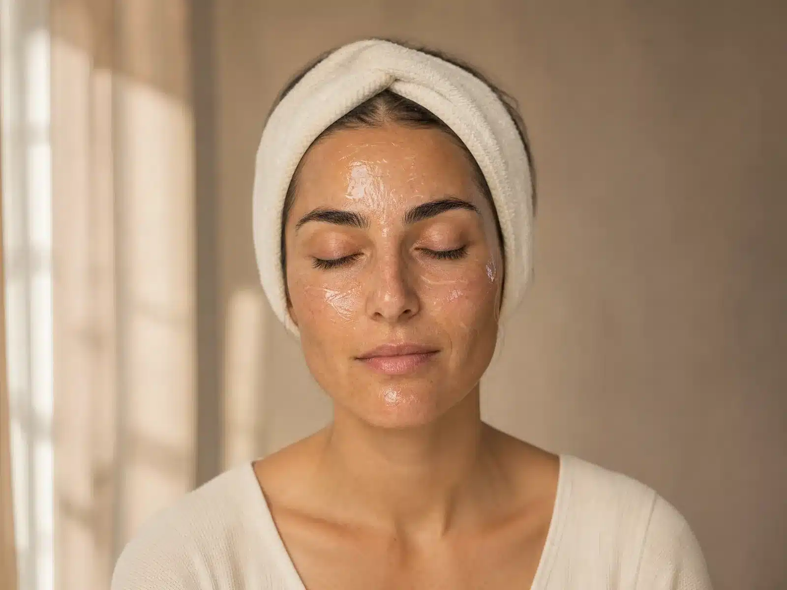 Peeling du visage à Toulouse : fine couche de gel translucide sur les joues et le front d'une femme aux yeux fermés, bandeau ivoire
