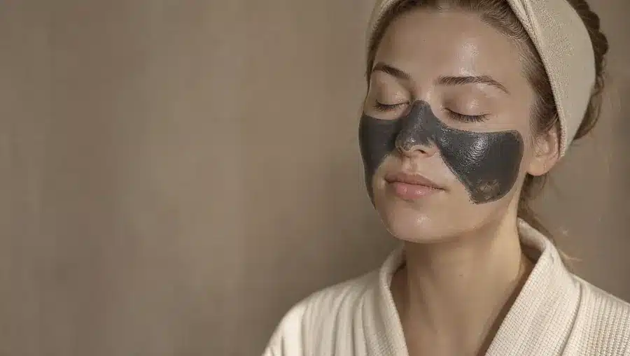 Jeune femme à la peau claire avec un fin masque noir mat sur les joues et le nez, yeux fermés, bandeau éponge ivoire