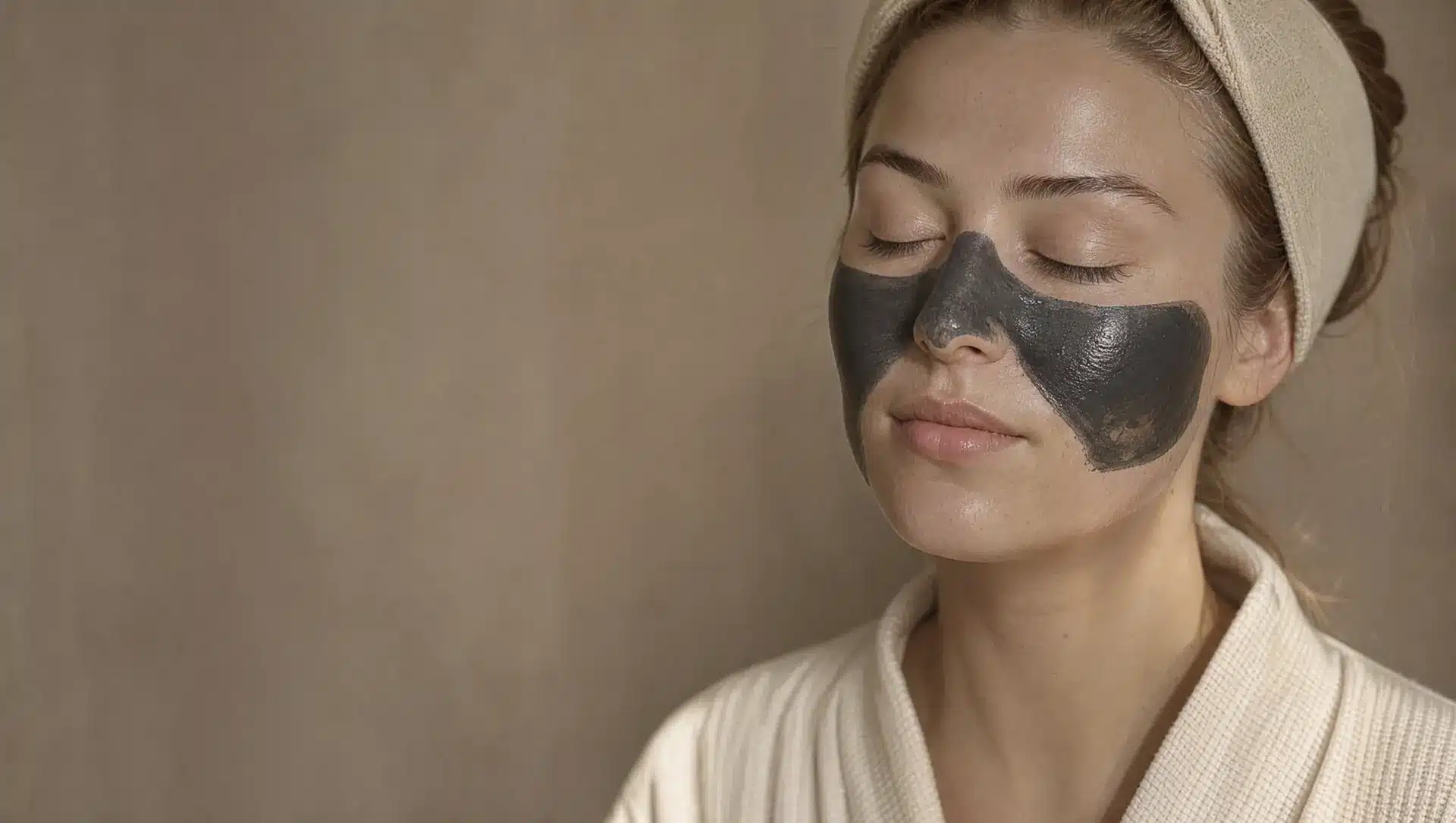 Jeune femme à la peau claire, yeux fermés, portant un masque noir au carbone sur les joues et le nez, bandeau et peignoir ivoire