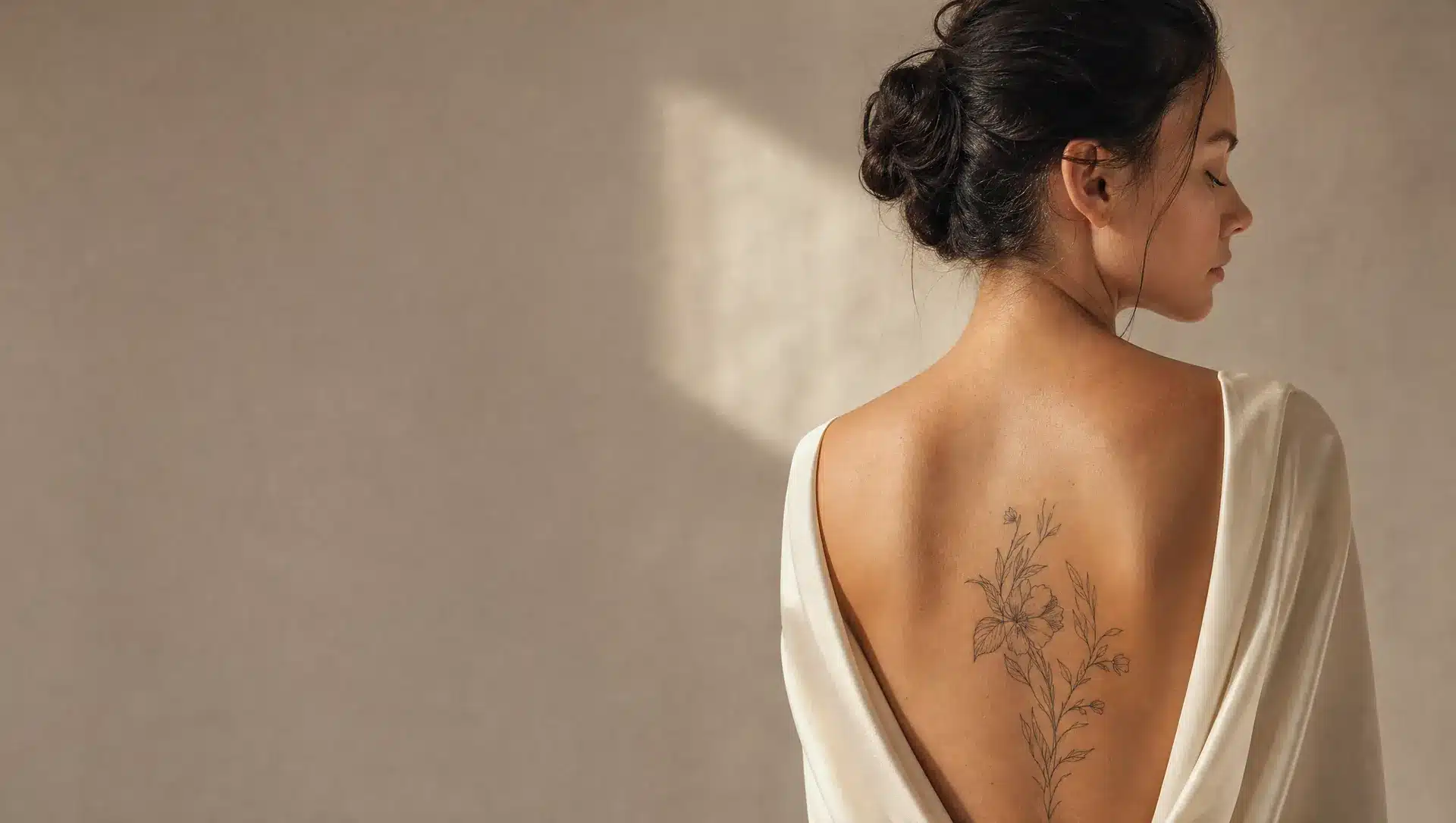 Vue de dos d'une femme à la peau claire, tatouage floral fin à l'encre noire sur l'omoplate, haut en soie ivoire abaissé dans le dos
