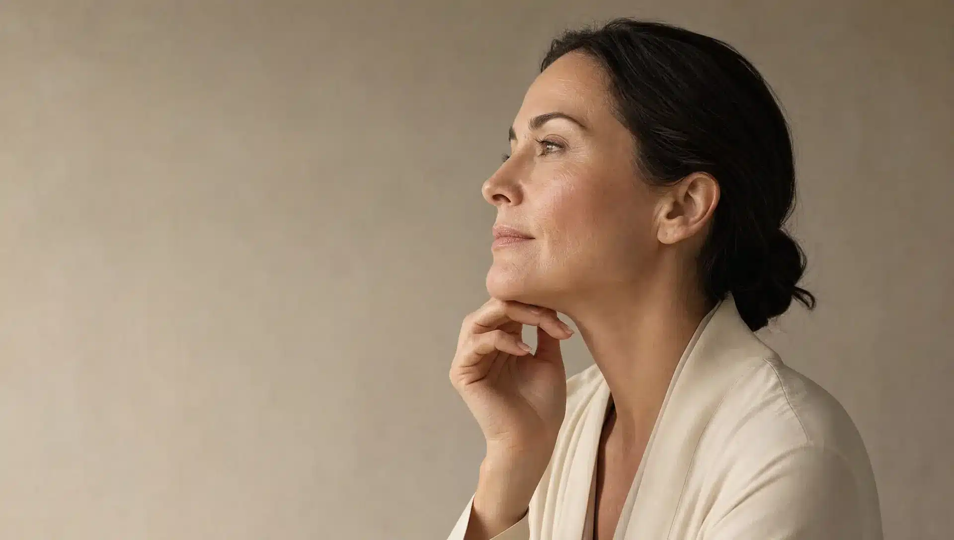 Profil d'une femme proche de la cinquantaine à la peau beige clair, mâchoire ferme et cou lisse, menton légèrement relevé, doigts posés sous la mâchoire