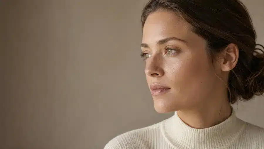 Portrait de trois quarts d'une femme à la peau claire et aux cheveux châtains noués en chignon bas, en pull ivoire à col montant devant un fond taupe, le regard tourné vers la gauche.