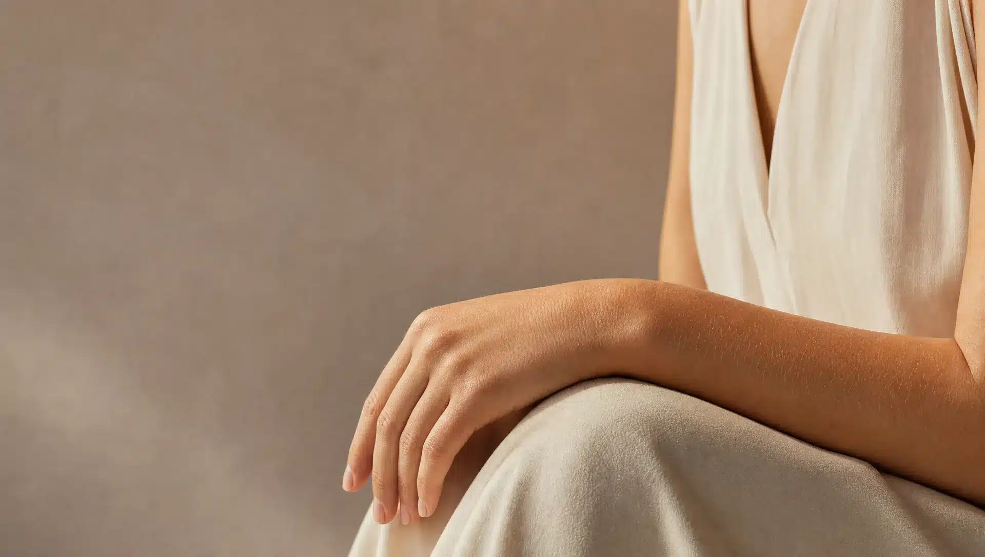 Gros plan sur l'avant-bras et la main d'une femme à la peau olive claire posés sur son genou, duvet très fin et doré qui accroche la lumière chaude