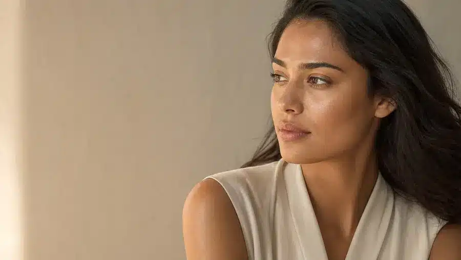 Gros plan d'une femme à la peau brune aux joues lumineuses et aux pores affinés, regard tourné sur le côté