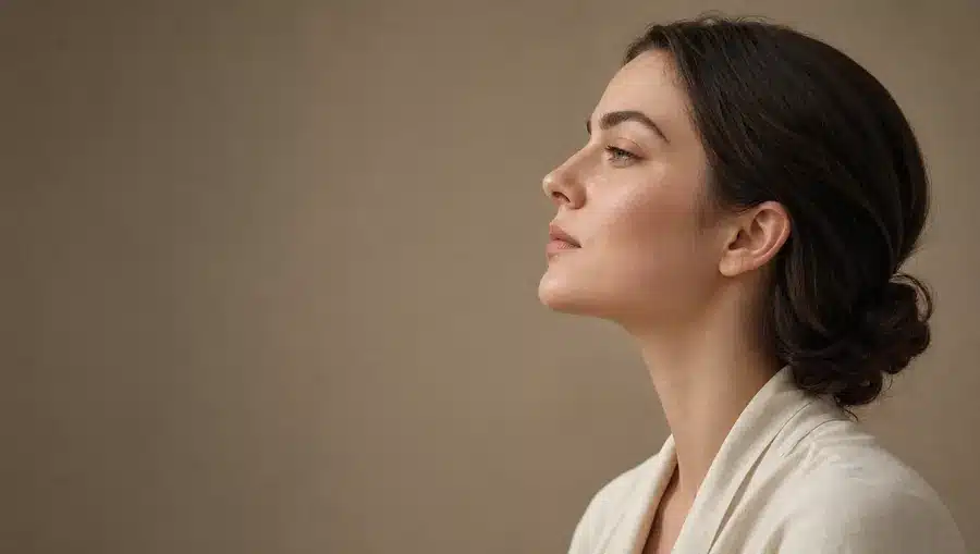 Profil d'une femme à la peau claire, menton légèrement relevé et mâchoire lisse