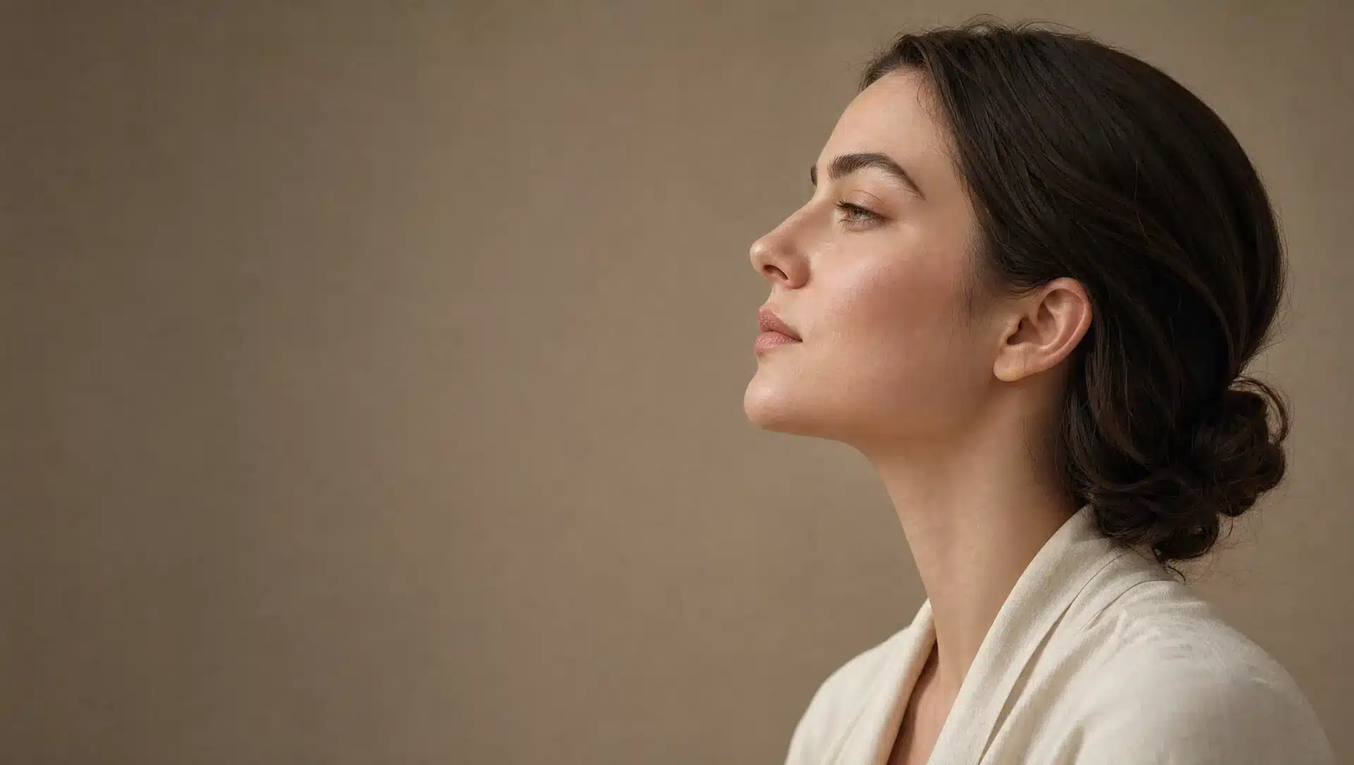 Profil en gros plan d'une femme à la peau claire, menton équilibré et projeté, légèrement relevé, mâchoire lisse