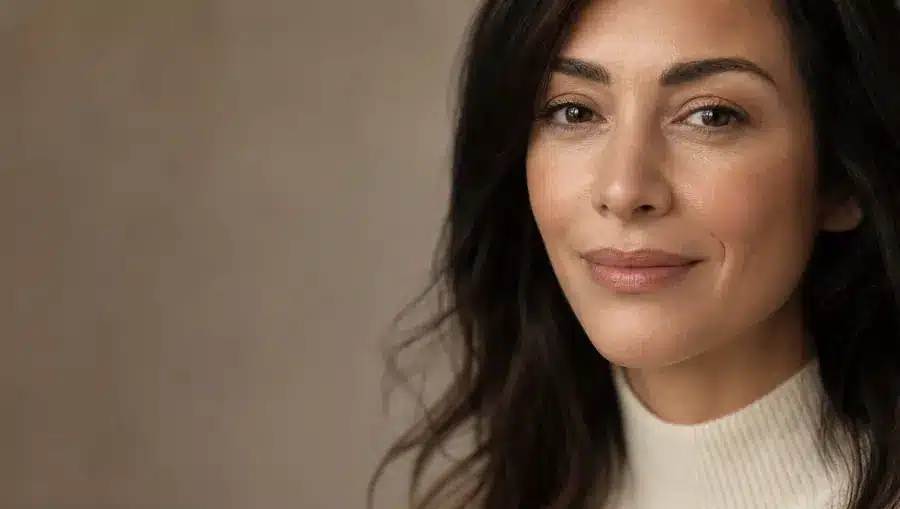 Gros plan du milieu du visage d'une femme d'une quarantaine d'années à la peau olive, zone des sillons douce et lisse, sourire détendu