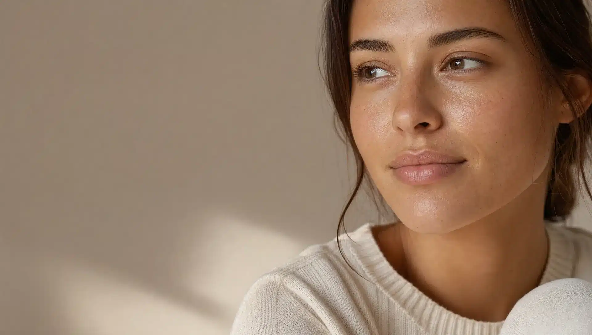 Gros plan des lèvres naturellement pleines et hydratées d'une femme à la peau légèrement hâlée, léger sourire, sans rouge à lèvres