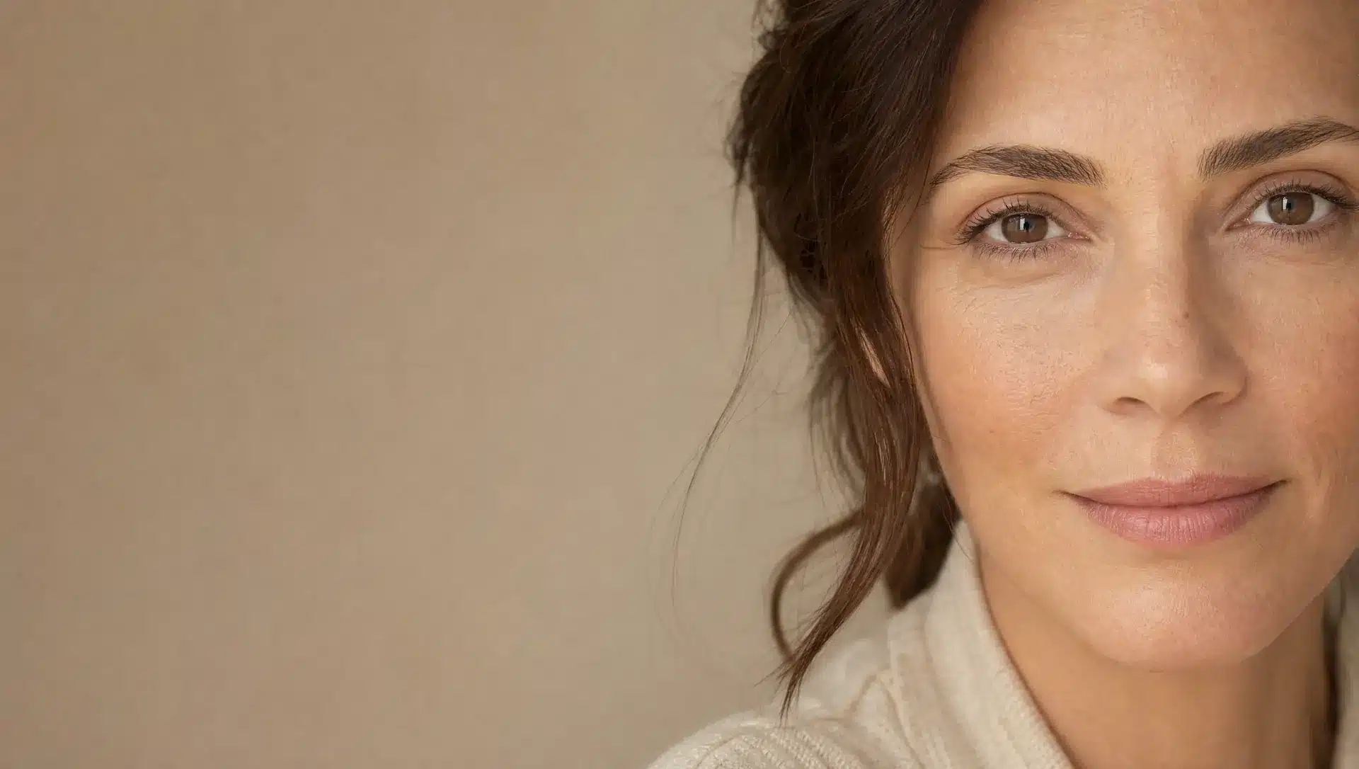 Gros plan sur le regard d'une femme d'une quarantaine d'années à la peau beige chaud, sous les yeux lisses et reposés, yeux ouverts vers l'objectif