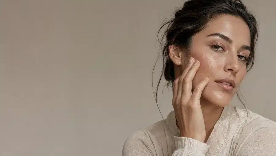 Joue d'une femme à la peau beige clair, repulpée, hydratée et lumineuse, le bout des doigts posé sur la pommette