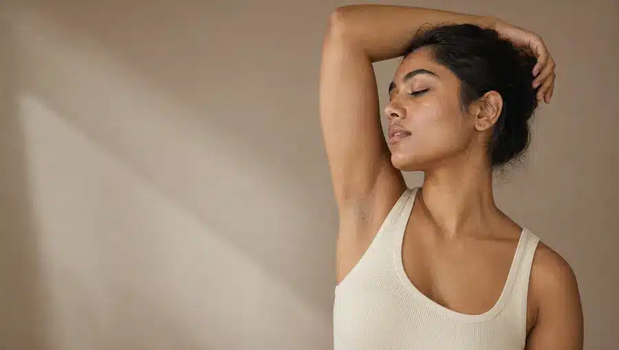 Femme à la peau brune en débardeur côtelé ivoire, un bras levé derrière la tête, aisselle lisse au teint unifié, visage de profil