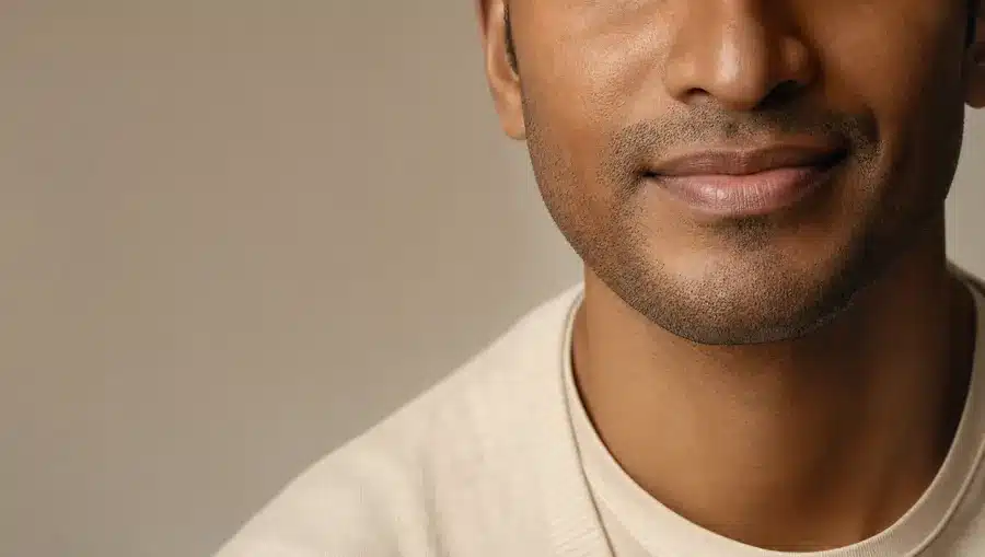 Gros plan des lèvres et du menton d'un homme à la peau brune, teinte des lèvres naturelle et uniforme, léger sourire