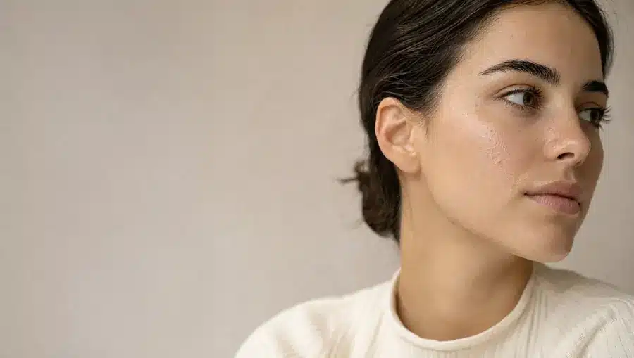 Jeune femme à la peau olive claire, cheveux bruns attachés, quelques petites imperfections sur la joue, regard tourné sur le côté