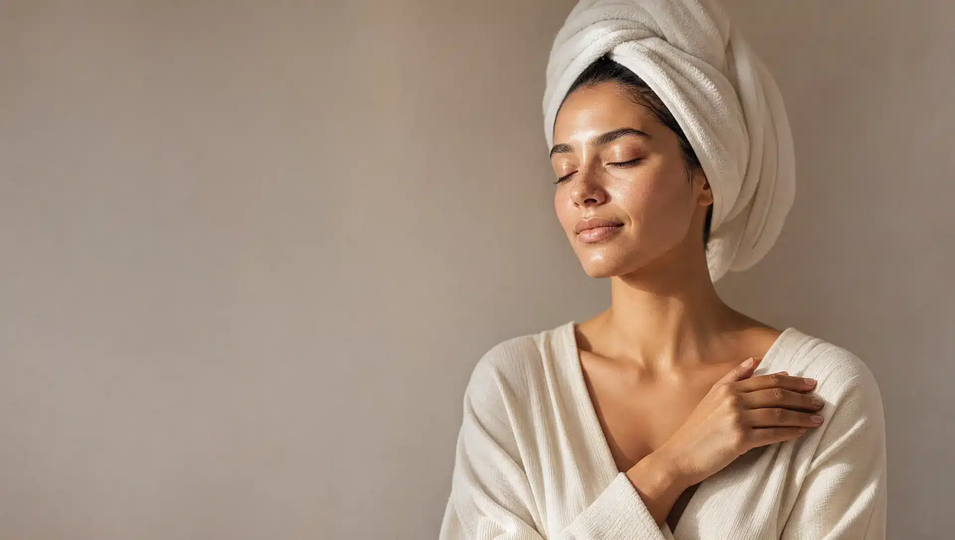 Femme à la peau mate, cheveux enveloppés dans une serviette ivoire, yeux fermés, peau fraîche et lumineuse, une main posée près de la clavicule