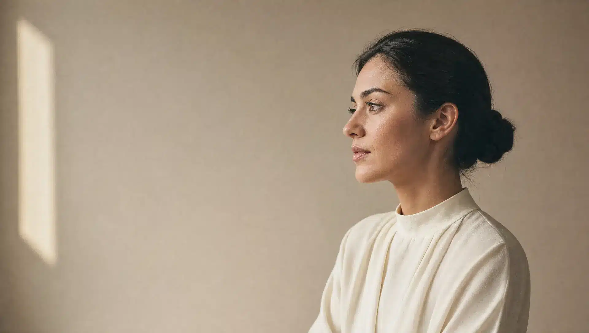 Portrait de profil d'une femme brune au chignon bas, en pull ivoire, au nez droit et au regard calme