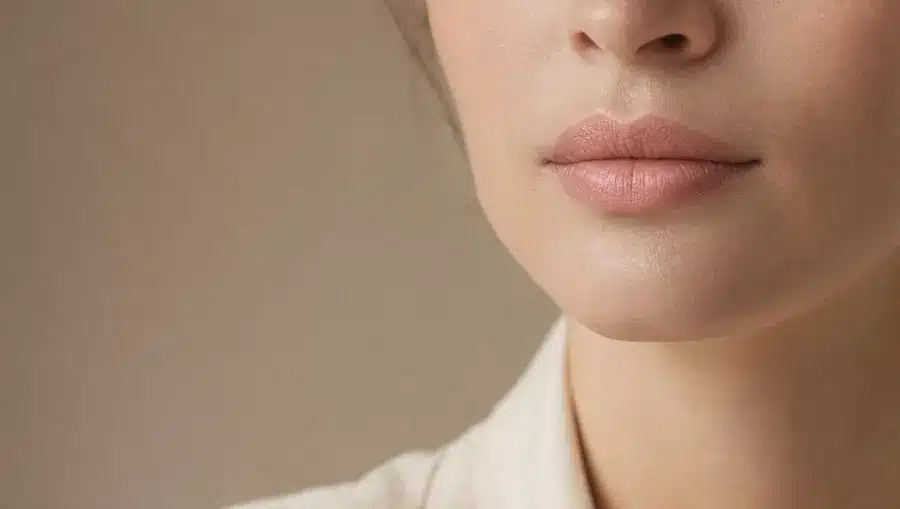 Gros plan des lèvres fermées d'une femme à la peau claire, arc de Cupidon en forme de cœur, teinte rosée naturelle