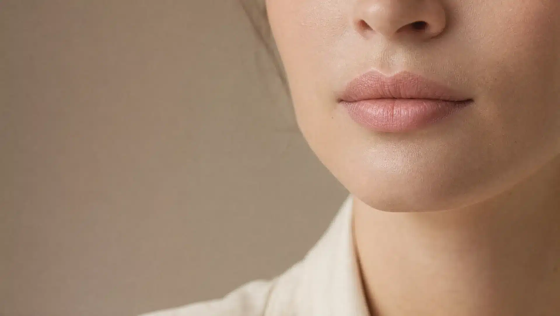 Gros plan des lèvres fermées d'une femme à la peau claire, arc de Cupidon en forme de cœur, teinte rosée naturelle