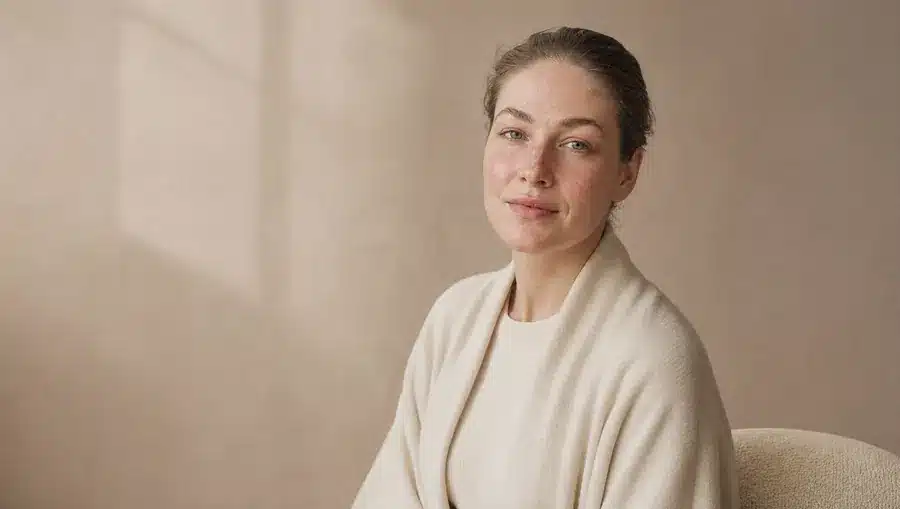 Portrait d'une femme à la peau claire aux légères rougeurs sur les joues et le nez, l'expression calme, les cheveux attachés