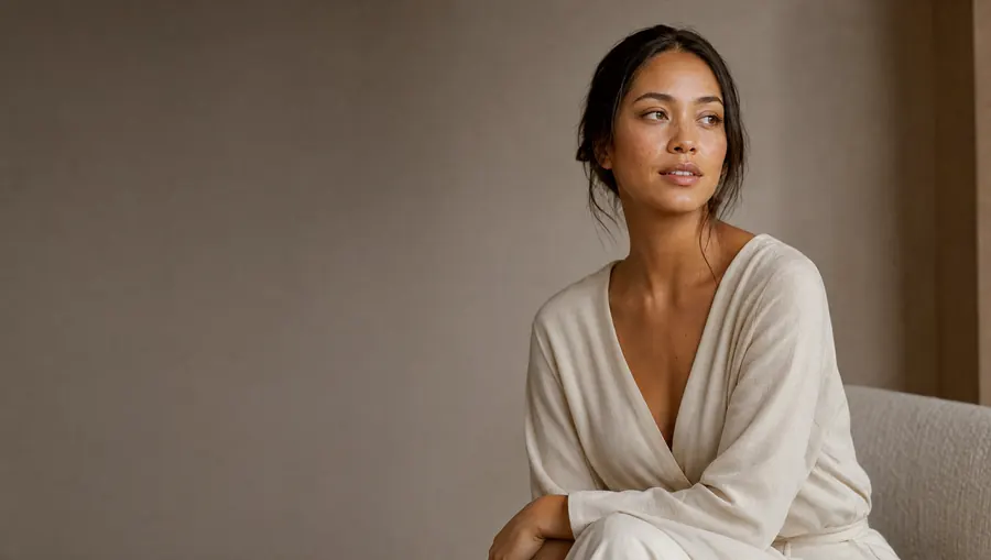 Femme à la peau dorée au teint lumineux et unifié, quelques taches de rousseur, regard légèrement détourné