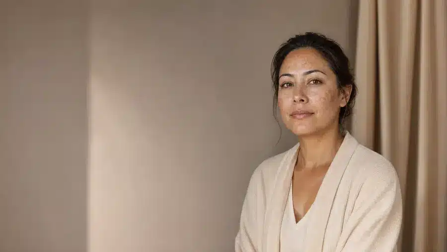 Portrait d'une femme à la peau mate avec des taches brunes de mélasma sur le front et le haut des joues, gilet en maille beige, expression sereine