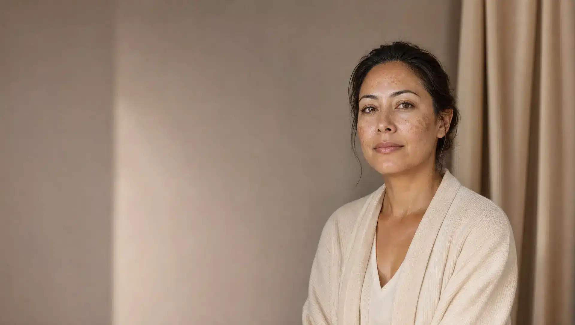 Portrait d'une femme à la peau mate avec des taches de mélasma brun clair sur le haut des joues et le front, l'expression sereine