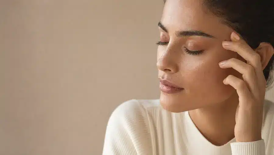 Contour de l'œil d'une femme à la peau mate, sous les yeux éclaircis, yeux fermés et doigts posés sur la tempe