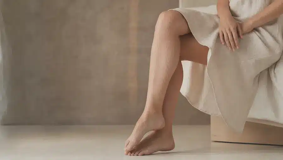 Jambes d'une femme à la peau claire assise sur un banc ivoire, fines veinules sur le mollet et ourlet de robe en lin ivoire au genou