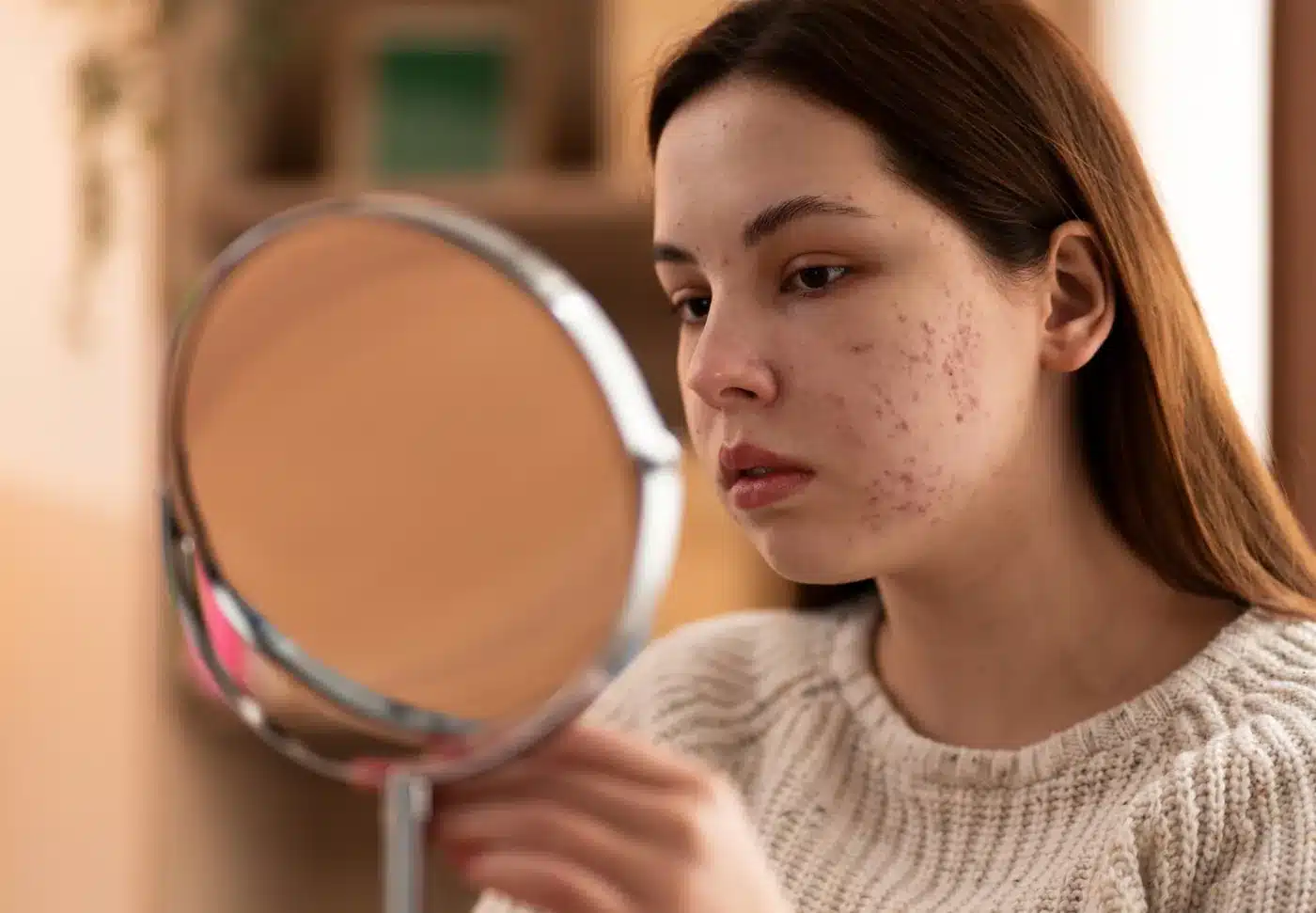 Jeune femme observant l'acné de ses joues dans un miroir