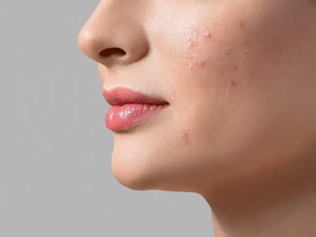 Profil d'un visage avec des boutons d'acné sur la joue