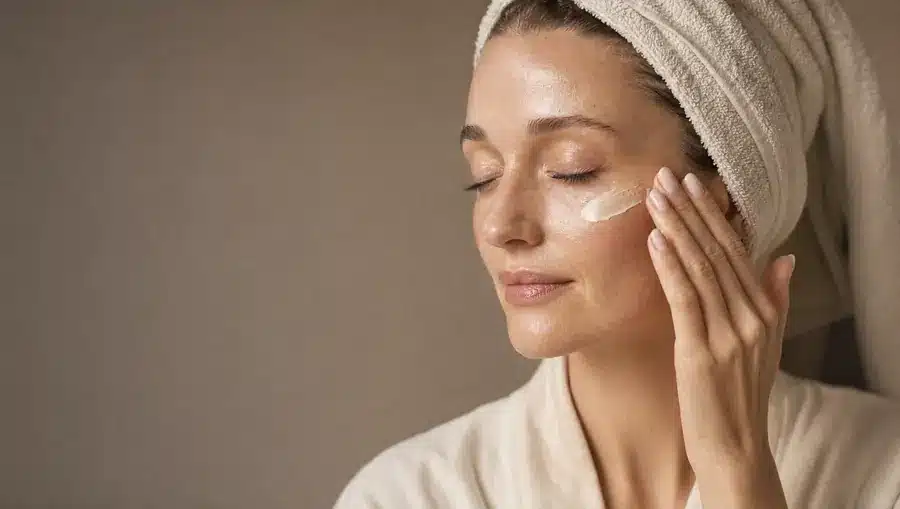 Femme aux yeux fermés appliquant un masque crème sur sa pommette, peau fraîche et lumineuse