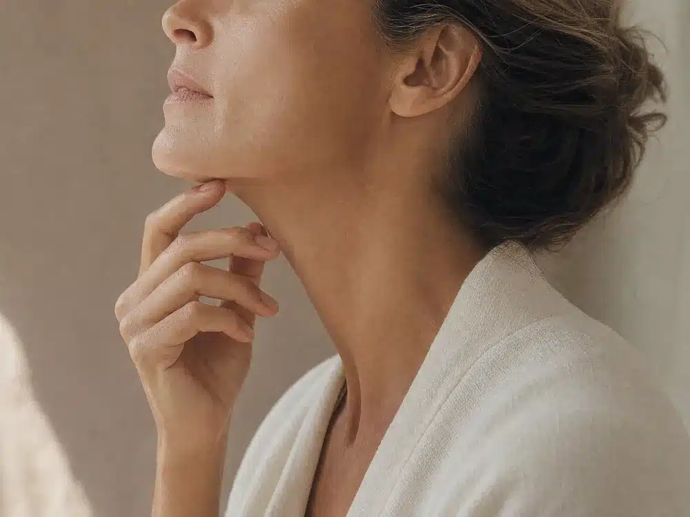 Ovale du visage et cou fermes, contour de la mâchoire bien dessiné
