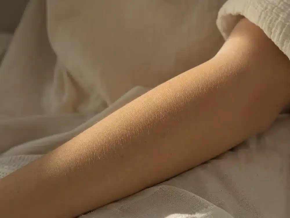 Avant-bras au duvet fin et doré, éclairci par le hair bleaching